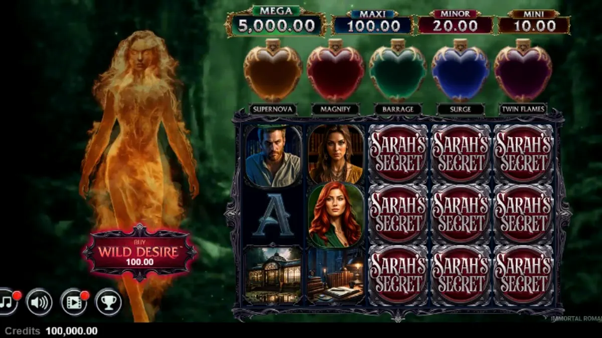 Tampilan visual slot Immortal Romance Sarah’s Secret dengan tema gotik yang dramatis
